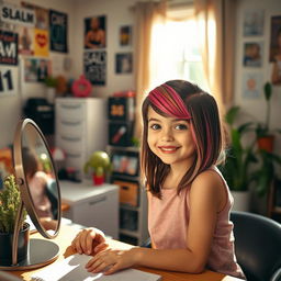 A cute girl sitting at a desk, focused on editing her hair in a mirror