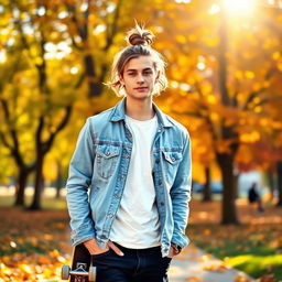 A stylish young man standing in a vibrant park during autumn, dressed in a casual yet fashionable outfit consisting of a light blue denim jacket, a white t-shirt underneath, and dark jeans