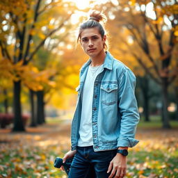A stylish young man standing in a vibrant park during autumn, dressed in a casual yet fashionable outfit consisting of a light blue denim jacket, a white t-shirt underneath, and dark jeans