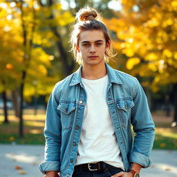 A stylish young man standing in a vibrant park during autumn, dressed in a casual yet fashionable outfit consisting of a light blue denim jacket, a white t-shirt underneath, and dark jeans