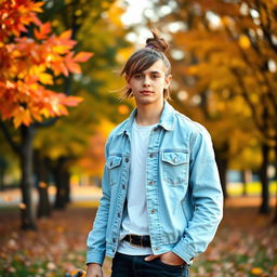 A stylish young man standing in a vibrant park during autumn, dressed in a casual yet fashionable outfit consisting of a light blue denim jacket, a white t-shirt underneath, and dark jeans