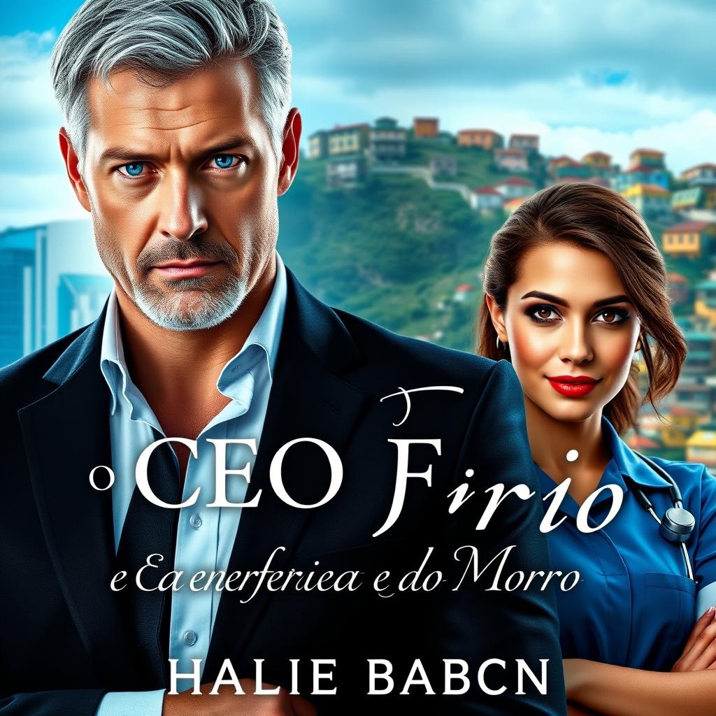 A captivating book cover design for a romance novel titled 'O CEO Frio e a Enfermeira do Morro'