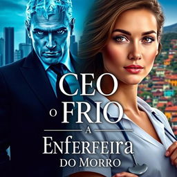 A captivating book cover design for a romance novel titled 'O CEO Frio e a Enfermeira do Morro'