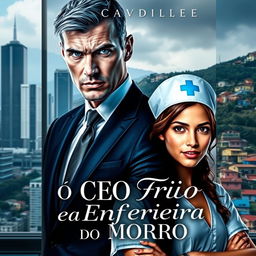 A captivating book cover design for a romance novel titled 'O CEO Frio e a Enfermeira do Morro'