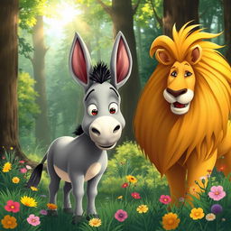 A whimsical scene of a donkey and a lion in a vibrant forest