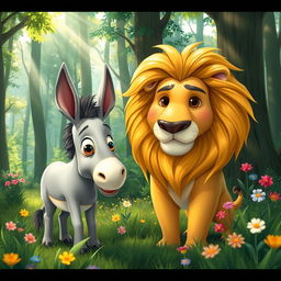A whimsical scene of a donkey and a lion in a vibrant forest