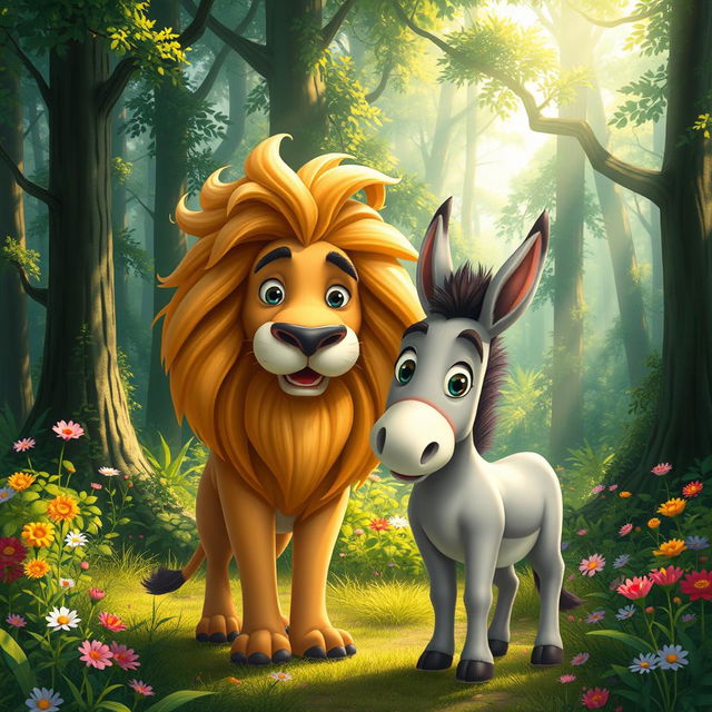 A whimsical scene of a donkey and a lion in a vibrant forest