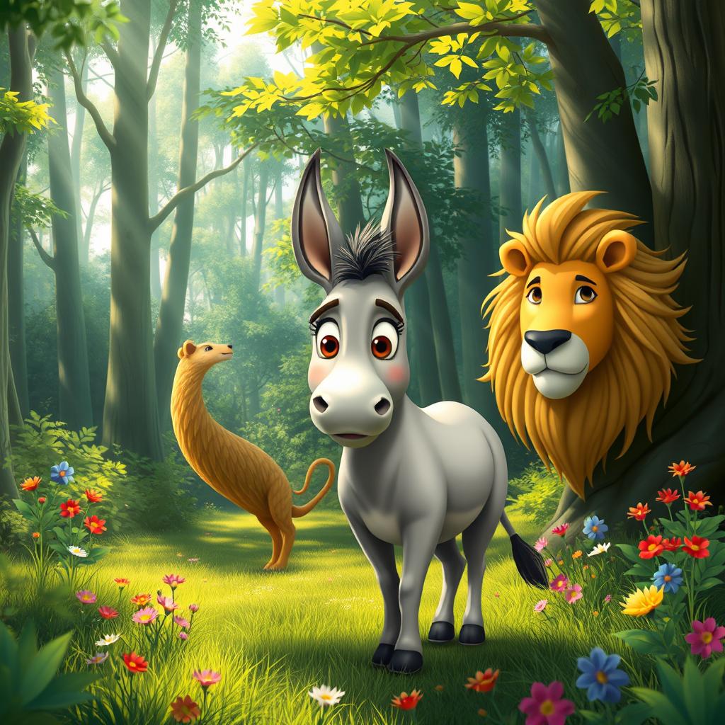 A whimsical scene of a donkey and a lion in a vibrant forest