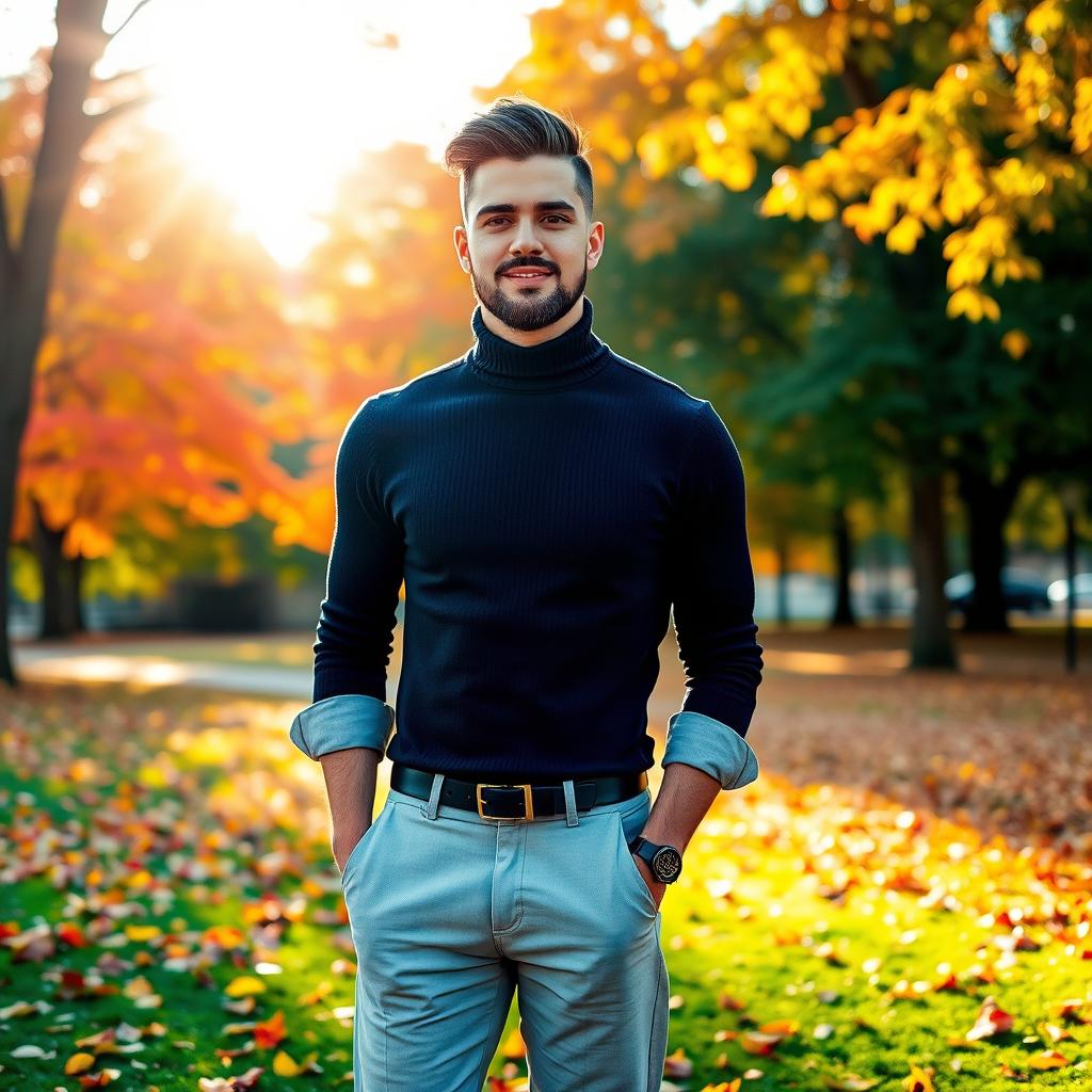 A stylish young man standing in a vibrant park during autumn, dressed in a trendy outfit that includes a fitted black turtleneck sweater, rolled-up sleeves, and light grey chinos