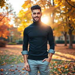 A stylish young man standing in a vibrant park during autumn, dressed in a trendy outfit that includes a fitted black turtleneck sweater, rolled-up sleeves, and light grey chinos