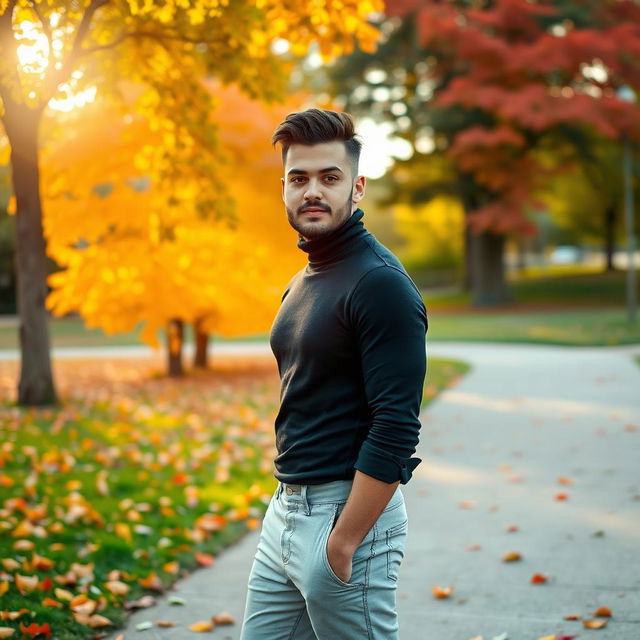 A stylish young man standing in a vibrant park during autumn, dressed in a trendy outfit that includes a fitted black turtleneck sweater, rolled-up sleeves, and light grey chinos