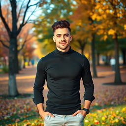 A stylish young man standing in a vibrant park during autumn, dressed in a trendy outfit that includes a fitted black turtleneck sweater, rolled-up sleeves, and light grey chinos