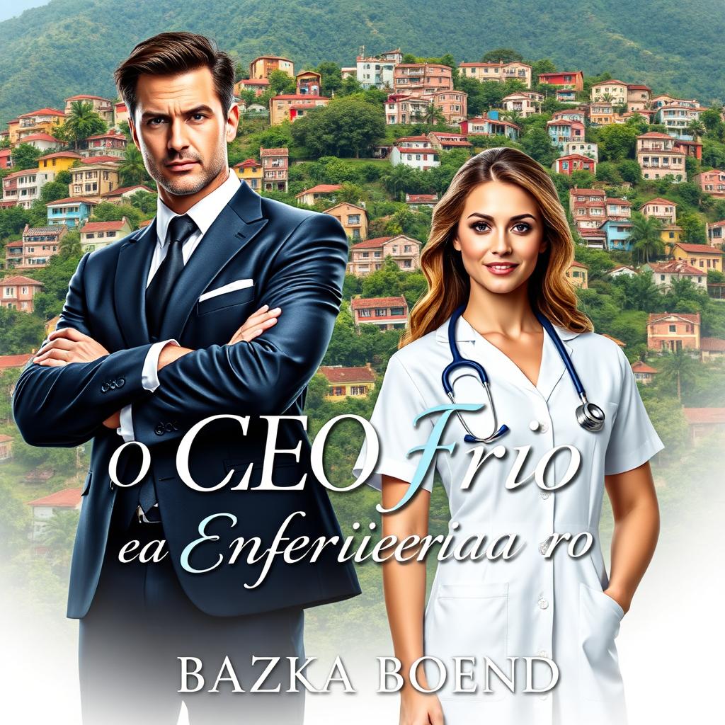 A sensual book cover design for a romance novel titled 'O CEO Frio e a Enfermeira do Morro'