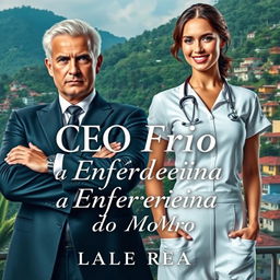 A sensual book cover design for a romance novel titled 'O CEO Frio e a Enfermeira do Morro'
