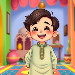 A cute small Muslim boy with dark brown hair, happily smiling, dressed in a traditional shalwar qameez
