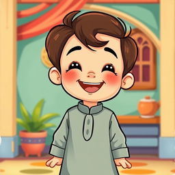 A cute small Muslim boy with dark brown hair, happily smiling, dressed in a traditional shalwar qameez