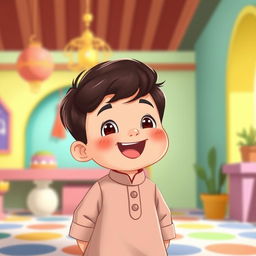 A cute small Muslim boy with dark brown hair, happily smiling, dressed in a traditional shalwar qameez