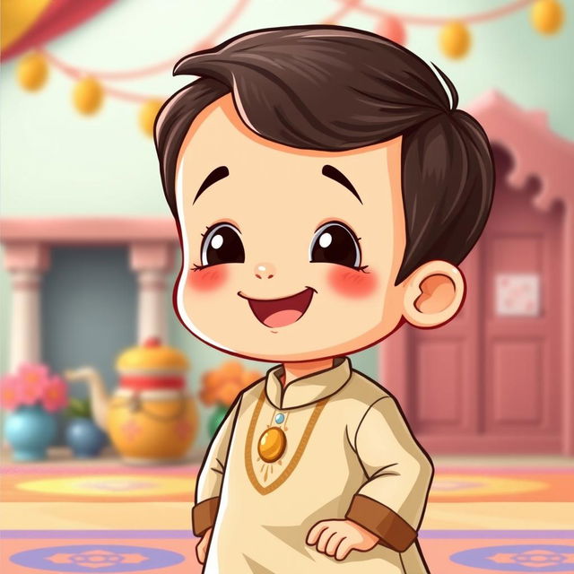 A cute small Muslim boy with dark brown hair, happily smiling, dressed in a traditional shalwar qameez