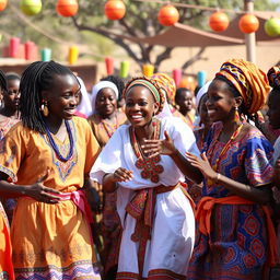 A group of young Chadian people enjoying a vibrant cultural festival, showcasing traditional clothing with colorful patterns