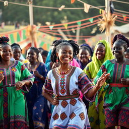 A group of young Chadian people enjoying a vibrant cultural festival, showcasing traditional clothing with colorful patterns