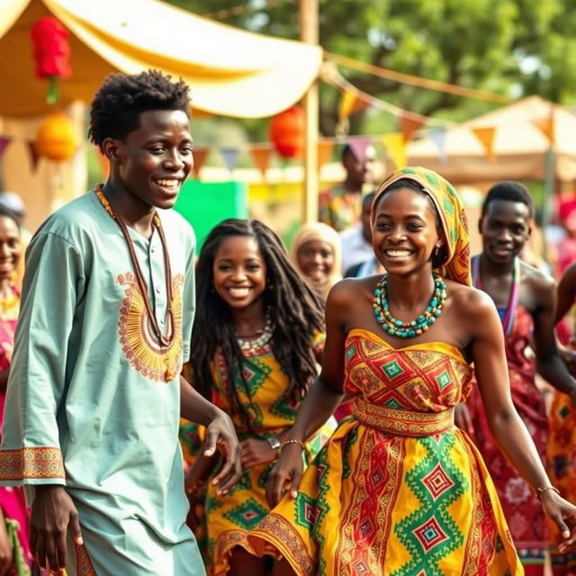 A group of young Chadian people enjoying a vibrant cultural festival, showcasing traditional clothing with colorful patterns