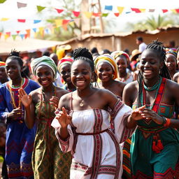 A group of young Chadian people enjoying a vibrant cultural festival, showcasing traditional clothing with colorful patterns