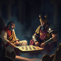 A tense and dramatic scene from the Mahabharata featuring a conversation between Shakuni and Duryodhana