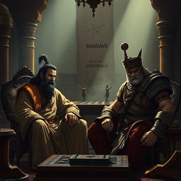 A tense and dramatic scene from the Mahabharata featuring a conversation between Shakuni and Duryodhana