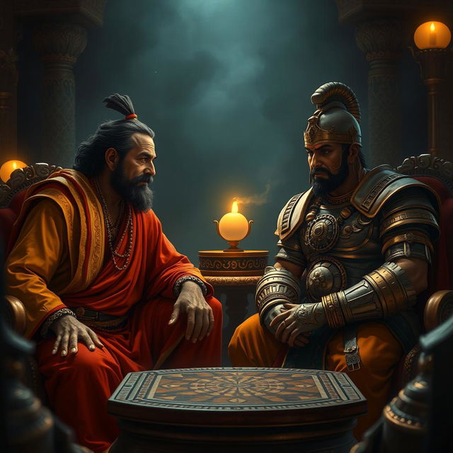 A tense and dramatic scene from the Mahabharata featuring a conversation between Shakuni and Duryodhana