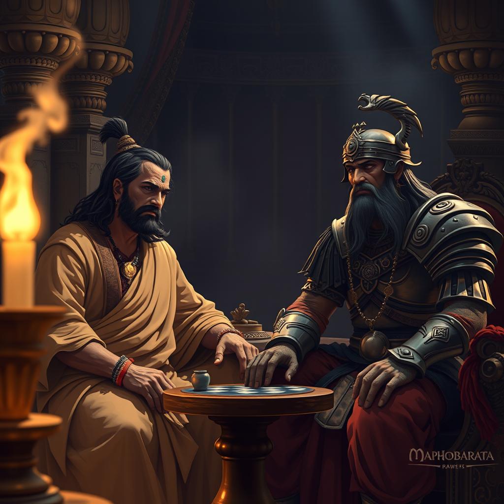 A tense and dramatic scene from the Mahabharata featuring a conversation between Shakuni and Duryodhana