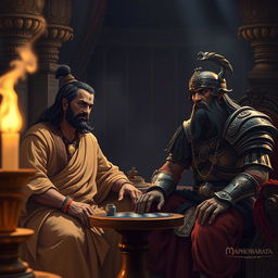 A tense and dramatic scene from the Mahabharata featuring a conversation between Shakuni and Duryodhana