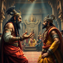 A dramatic scene depicting Shakuni and Duryodhana engaged in a crucial conversation in the royal court (Raj Sabha)