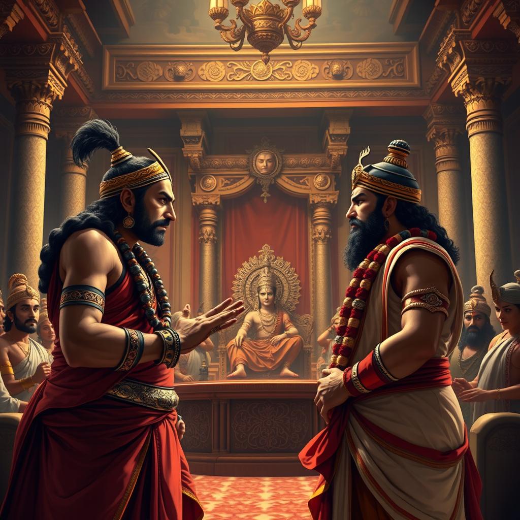 A dramatic scene depicting Shakuni and Duryodhana engaged in a crucial conversation in the royal court (Raj Sabha)