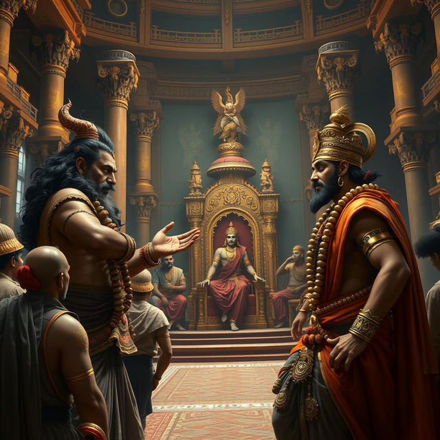 A dramatic scene depicting Shakuni and Duryodhana engaged in a crucial conversation in the royal court (Raj Sabha)