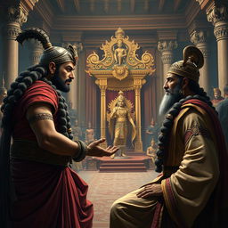 A dramatic scene depicting Shakuni and Duryodhana engaged in a crucial conversation in the royal court (Raj Sabha)