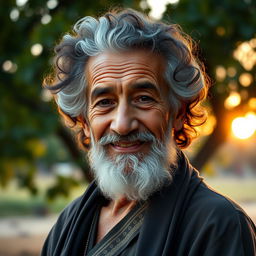 An elderly man with curly hair, showcasing a wise and warm expression