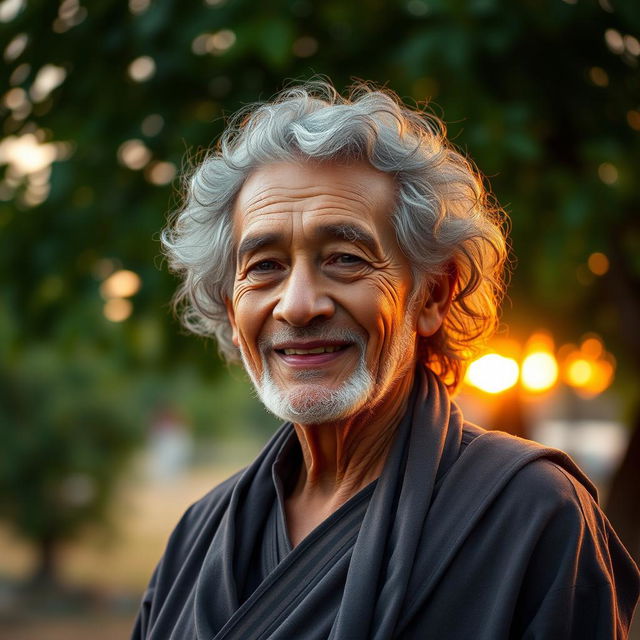 An elderly man with curly hair, showcasing a wise and warm expression