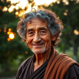 An elderly man with curly hair, showcasing a wise and warm expression