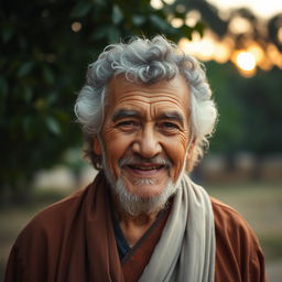 An elderly man with curly hair, showcasing a wise and warm expression