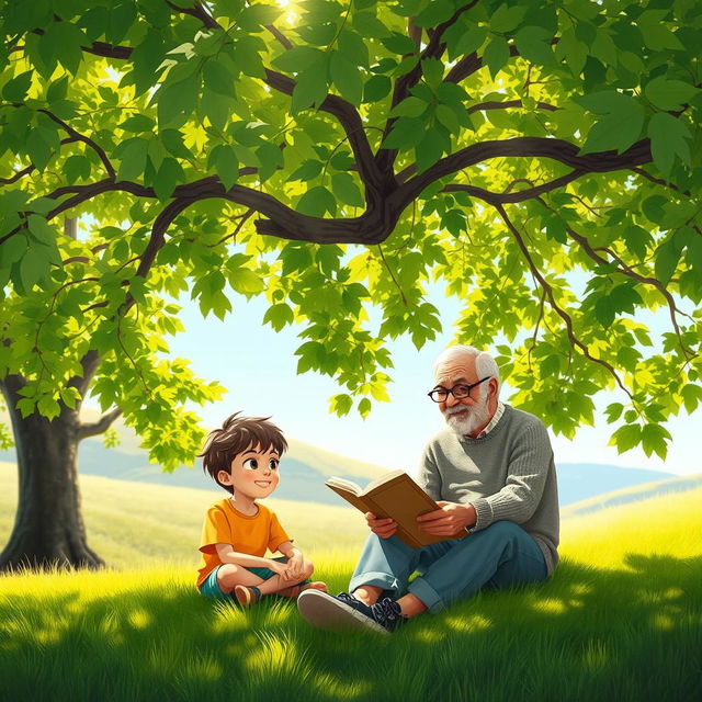 A serene scene depicting a young boy sitting on the grass next to an old man under the shade of a large tree