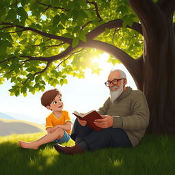A serene scene depicting a young boy sitting on the grass next to an old man under the shade of a large tree