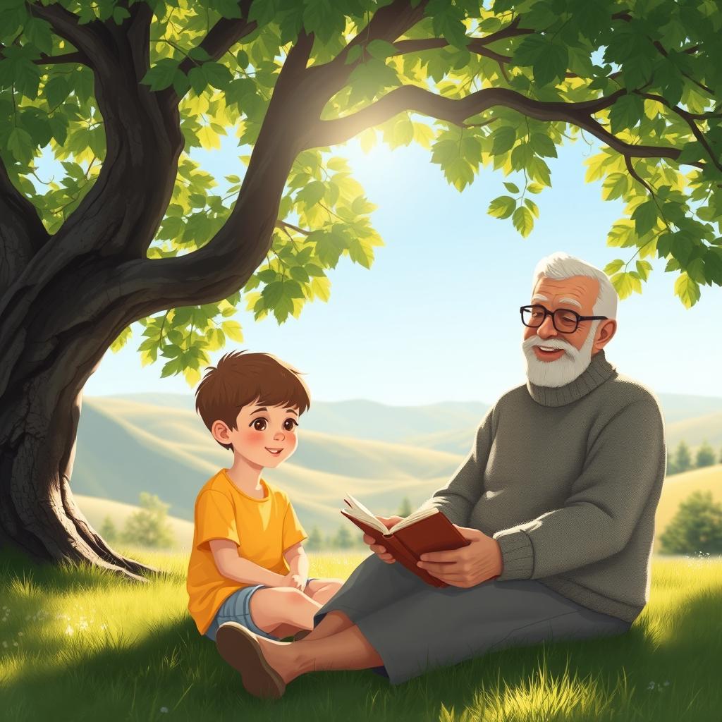 A serene scene depicting a young boy sitting on the grass next to an old man under the shade of a large tree