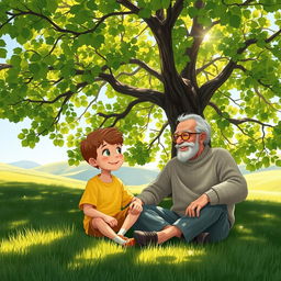 A serene scene depicting a young boy sitting on the grass next to an old man under the shade of a large tree