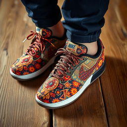 A striking image of a pair of Nike shoes featuring a unique and vibrant pattern inspired by traditional hand-woven carpets