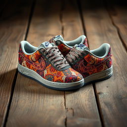 A striking image of a pair of Nike shoes featuring a unique and vibrant pattern inspired by traditional hand-woven carpets