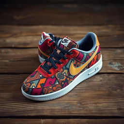 A striking image of a pair of Nike shoes featuring a unique and vibrant pattern inspired by traditional hand-woven carpets