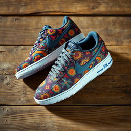 A striking image of a pair of Nike shoes featuring a unique and vibrant pattern inspired by traditional hand-woven carpets