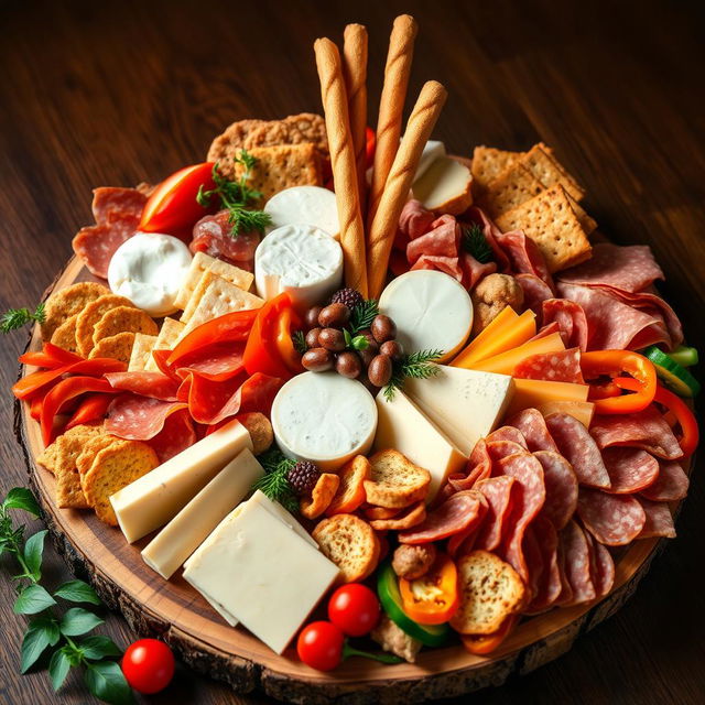 A beautifully arranged charcuterie board featuring a variety of cheeses including Mozzarella, Havarti, Colby-Jack, Gouda, Cheddar, and Grana Padano