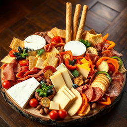 A beautifully arranged charcuterie board featuring a variety of cheeses including Mozzarella, Havarti, Colby-Jack, Gouda, Cheddar, and Grana Padano