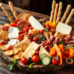 A beautifully arranged charcuterie board featuring a variety of cheeses including Mozzarella, Havarti, Colby-Jack, Gouda, Cheddar, and Grana Padano